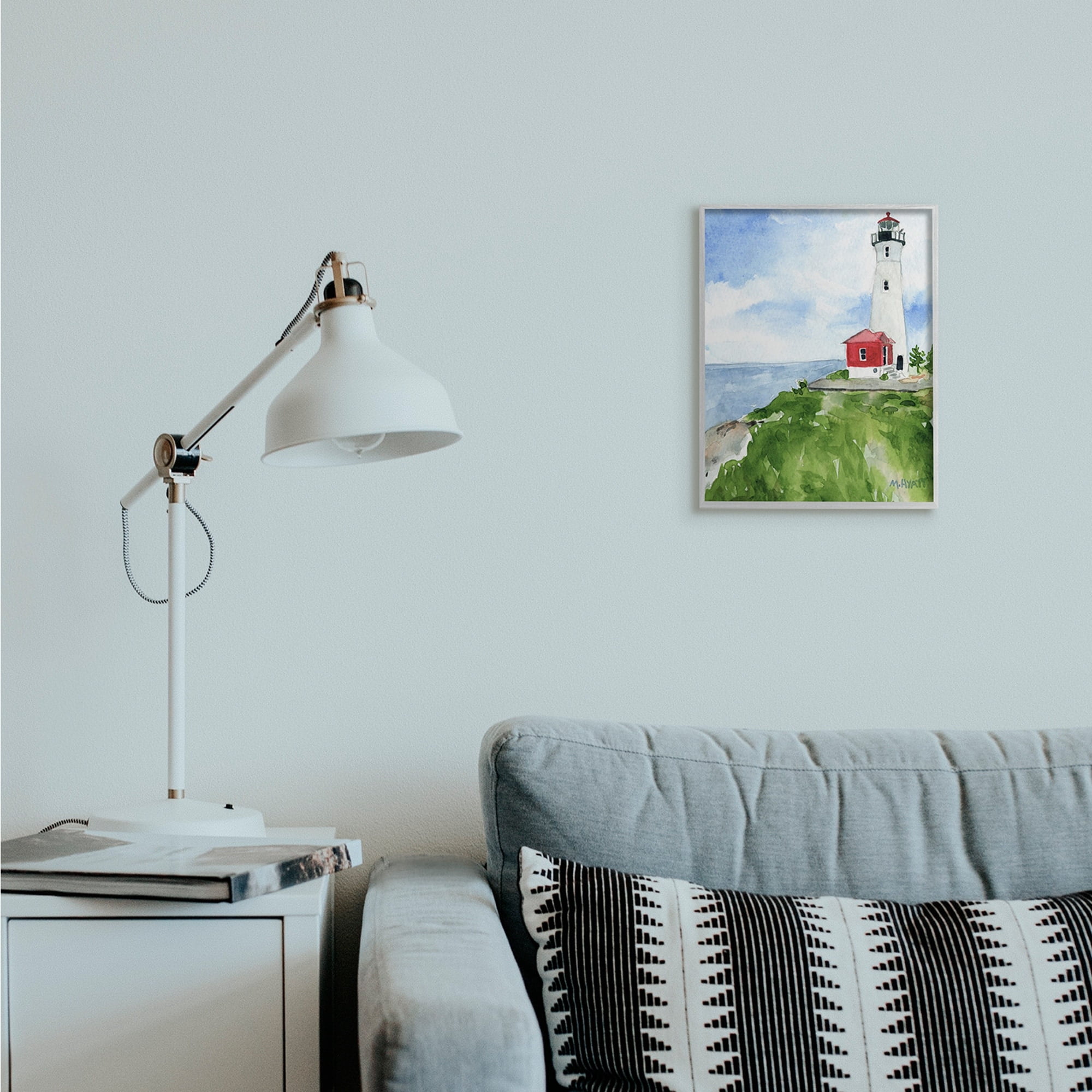 Stupell Industries Beach Cliff Lighthouse Ocean Overlook Landscape Grey Framed, 11 x 14, Design by Melissa Hyatt LLC