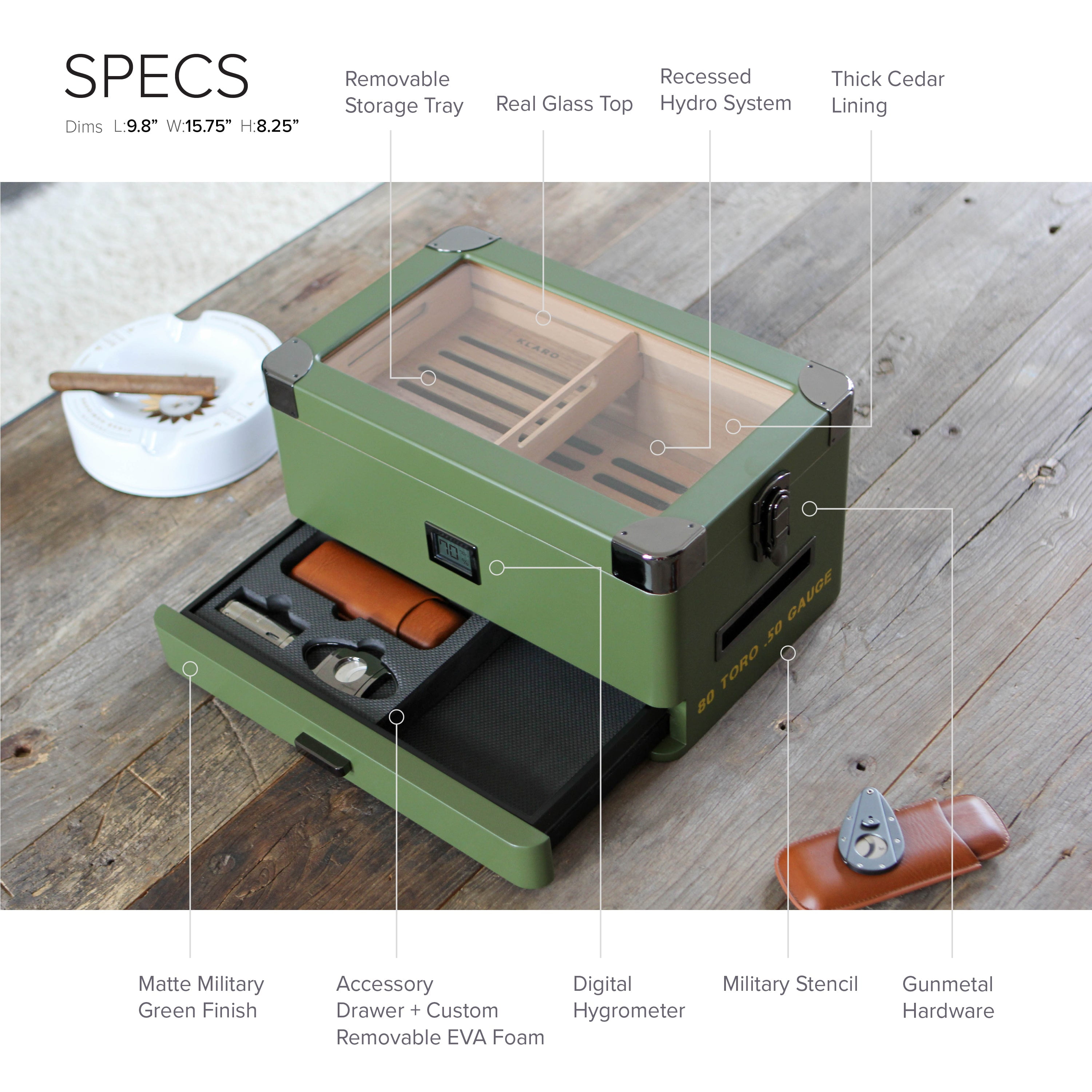Case Elegance Military Glass Top Humidor, Spanish Cedar, Matte Green with Front Hygrometer Holds 70-100 Cigars