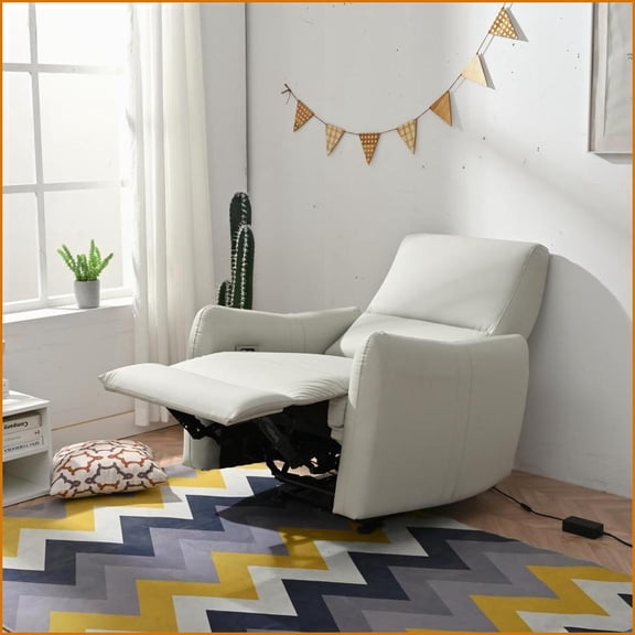 Recliner Chair, Power Wall Hugger with USB & Type-C Ports, Light Gray PU Leather | Small Space-Friendly