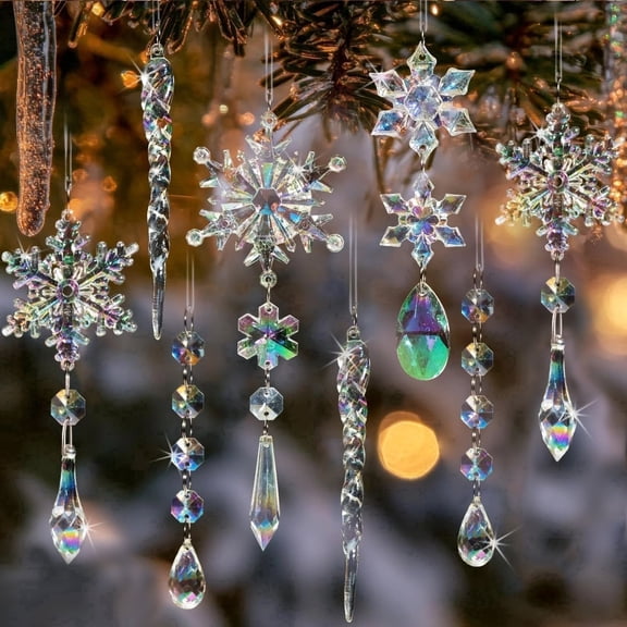 OuMuaMua 32pcs Iridescent Acrylic Snowflake & Icicle Crystal Pendants for Xmas Tree Winter Frozen Holiday Decor