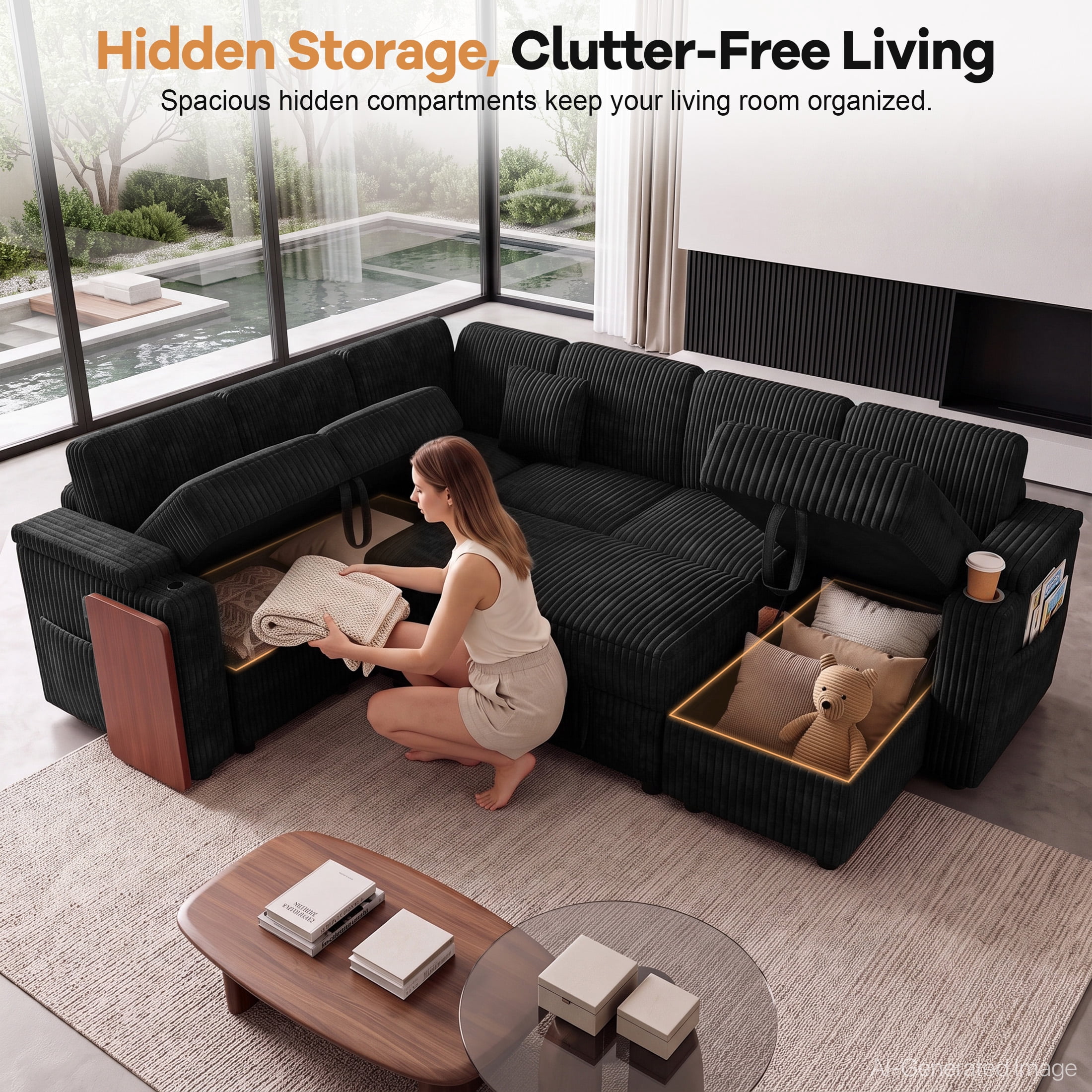 Aenkyo 7-Seat Corduroy U-Shaped Sectional Sleeper Sofa Bed with Storage Chaise and USB Charging, Black