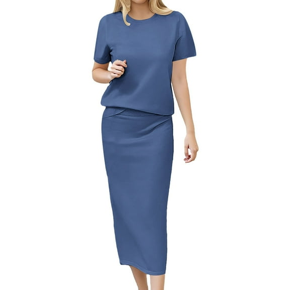 Womens 2 Piece Outfits Striped Sweater Skirt Sets Summer Casual Short Sleeve Pullover Tops Travel Midi Dress
