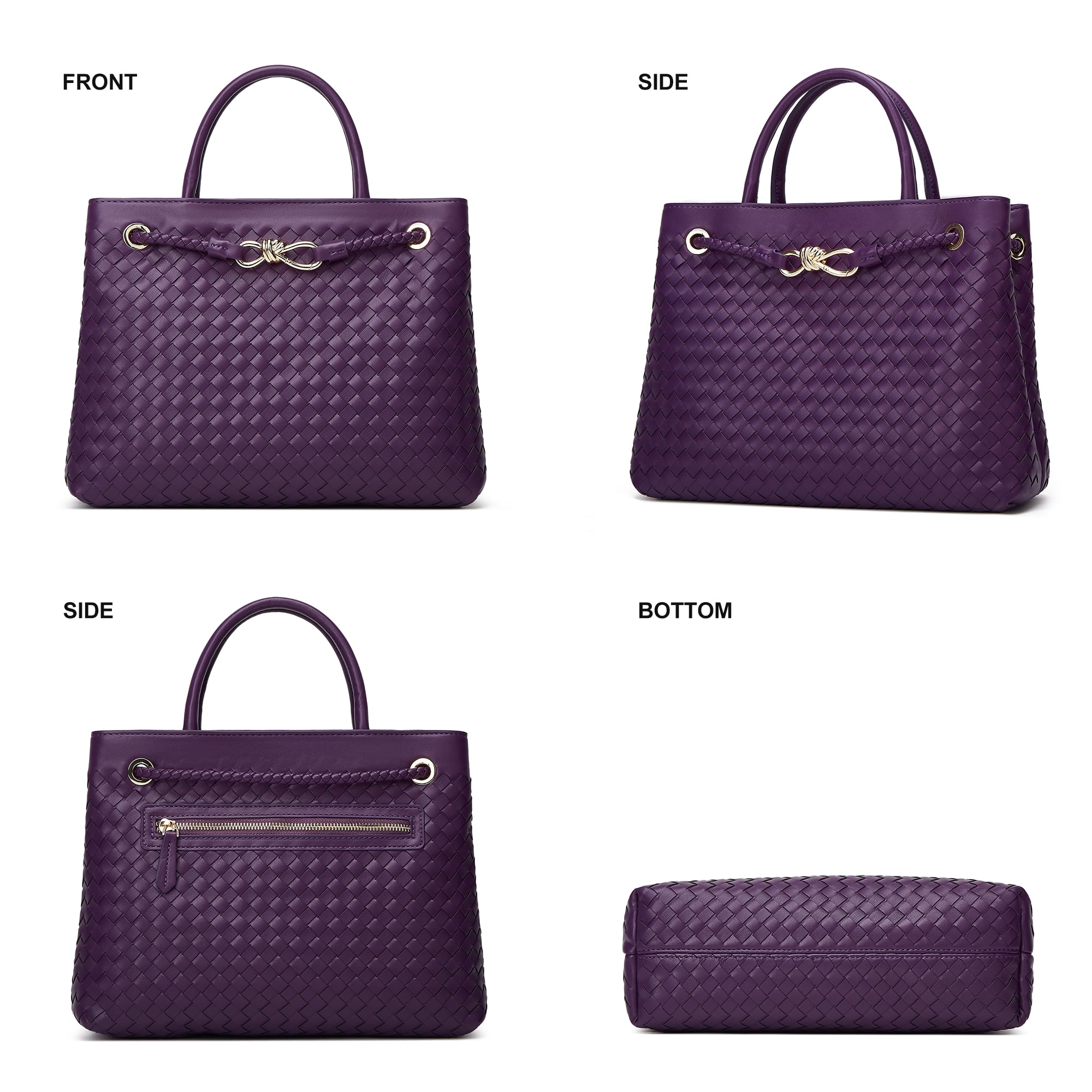 Woven Bag for Women Shoulder Purse: Vegan Leather Handbag - Handmade Tote Bag - Elegant Satchel Bag with Bowknot (Purple Color)