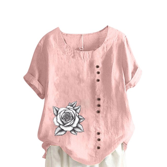 Vestidos Casuales Para Mujer, Blusas De Mujer De Moda Blusa informal de lino con cuello redondo, manga corta y botones para mujer