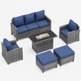 thumbnail image 2 of Poteban Outdoor Patio Furniture Set with 44" Fire Pit Table, 6 Pieces Sectional Conversation Sets, All-Weather Wicker Rattan Sofa Ottoman with 4" Thick Cushion for Garden Backyard Deck, Navy Blue, 2 of 8
