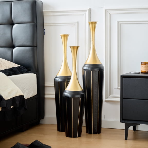 3-Piece Metal Floor Vase Set, 27.56", 31.5", 35.43", Black & Gold | Modern decorative tall standalone vases ideal for entryway and living room decor