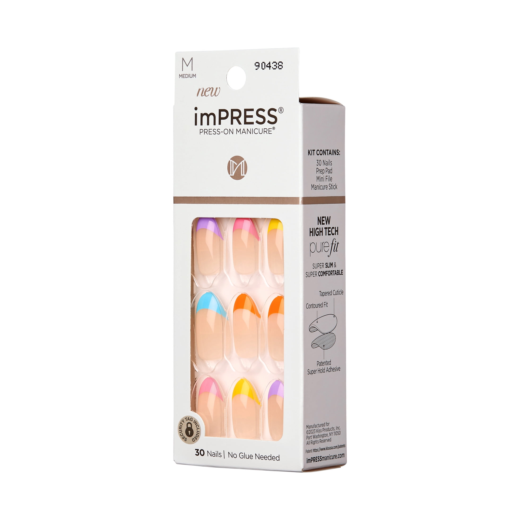 KISS imPRESS Medium Almond Gel Press-On Nails, Glossy Multicolored French, 30 Pieces
