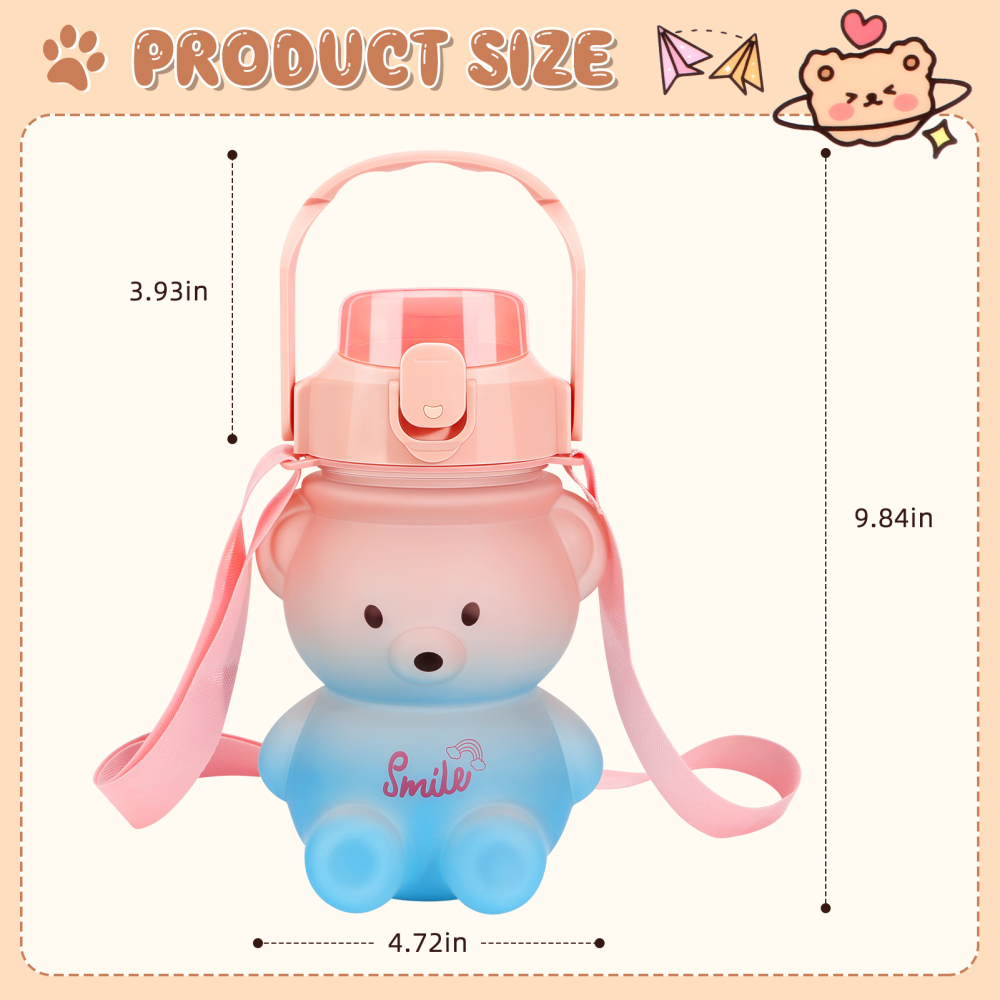 1000ml Large Kawaii Bear Shaped Water Bottle With Straw And Strap, Cute Water  Bottles For Drinking Bottle(pink)