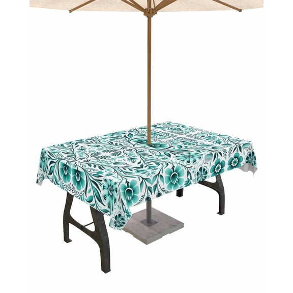 Fsddascl Teal Boho Outdoor Tablecloth - 52x70 Inch Rectangle Dining Table Cover, Ethnic Tribal Floral Abstract Art Aesthetics Waterproof Outdoor Table Cloth with Umbrella Hole & Zipper for Patio