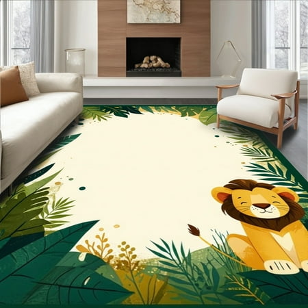 ODIKA 6'x9' Machine Washable Non-Slip Area Rug, Cartoon Lion with Nature Inspired Border and Cheerful Jungle Colors High Traffic Rug, Green, 86059
