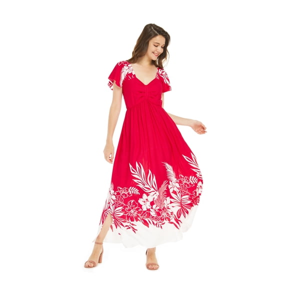 Women's Hawaiian Maxi Ruffle Sleeve Dress in Indri Pink