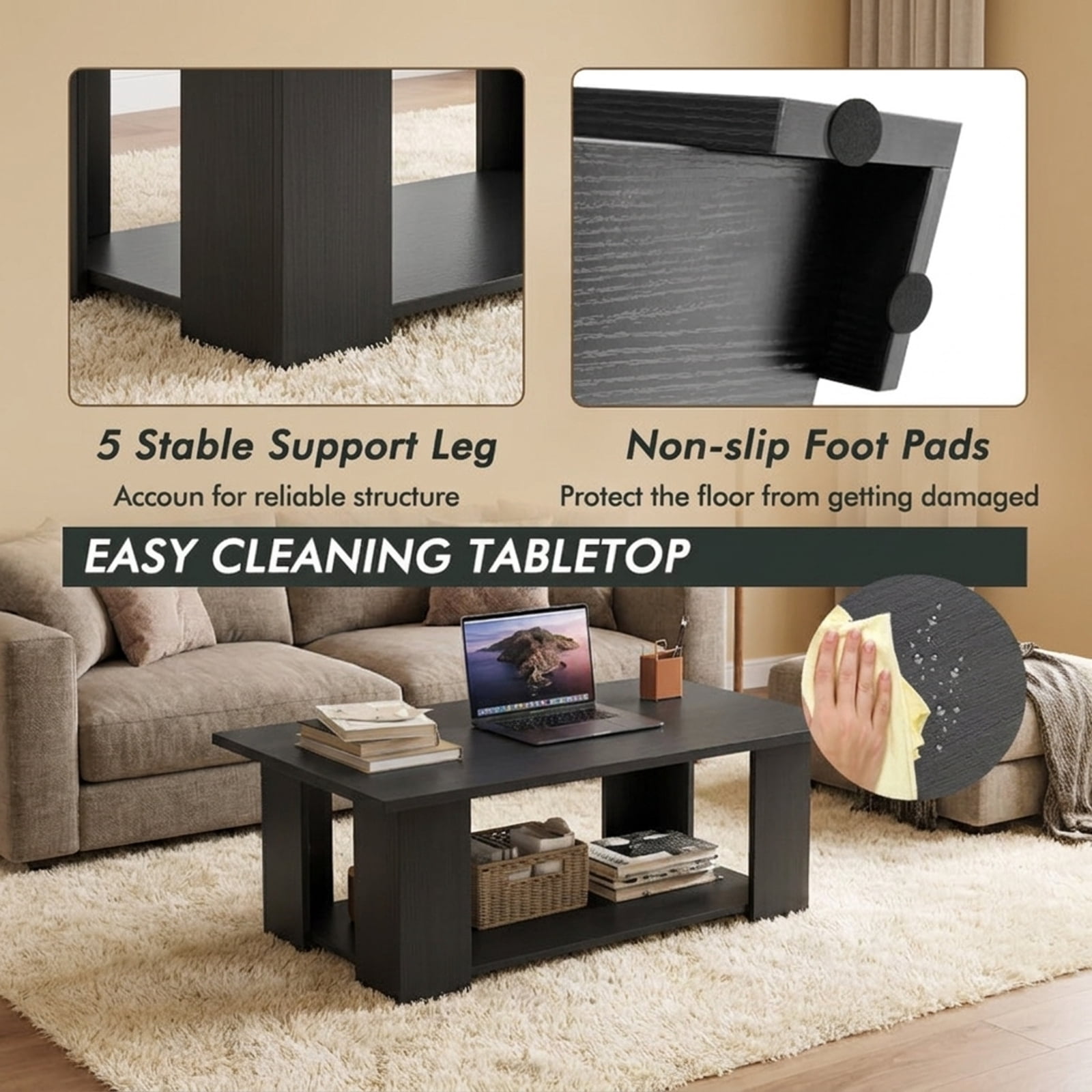 Furnibear Large 36/41 Inch 2-tier Wooden Modern Coffee Table with Storage Shelf - Black - Living Room Cocktail Center Table