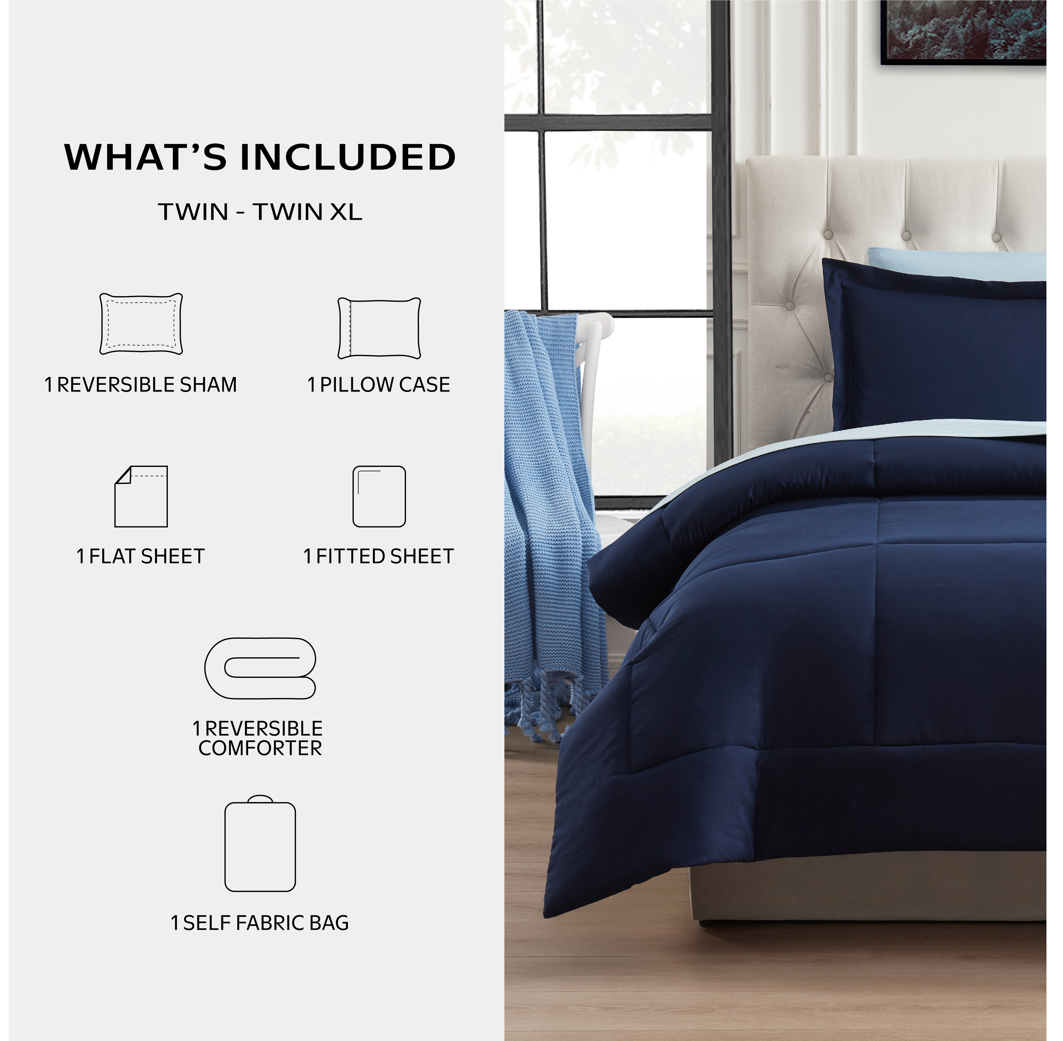 MAINSTAYS ALL IN ONE REVERSIBLE COMFORTER AND SHEET SET- 5 PIECE, TWIN, NAVY