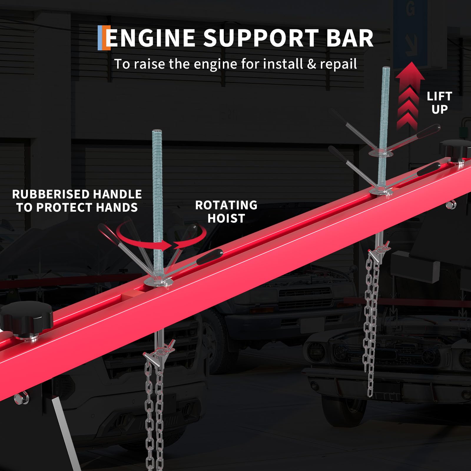 Towallmark 1100 Lbs Engine Support Bar Motor Hoist Leveler Adjustable Transverse w/ 2 Points Lift Holder Dual Hook Cross Hoist, Red