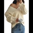 thumbnail image 1 of Suéter Informal Cómodo de Color Liso con Cuello en V, Larga y Punto Acanalado Suave para Mujer. Amarillo M, 1 of 7