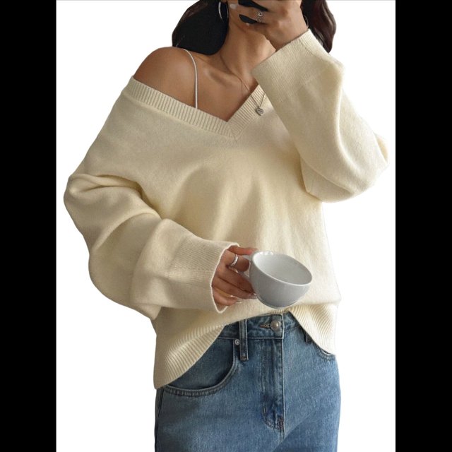 Suéter Informal Cómodo de Color Liso con Cuello en V, Larga y Punto Acanalado Suave para Mujer. Amarillo M