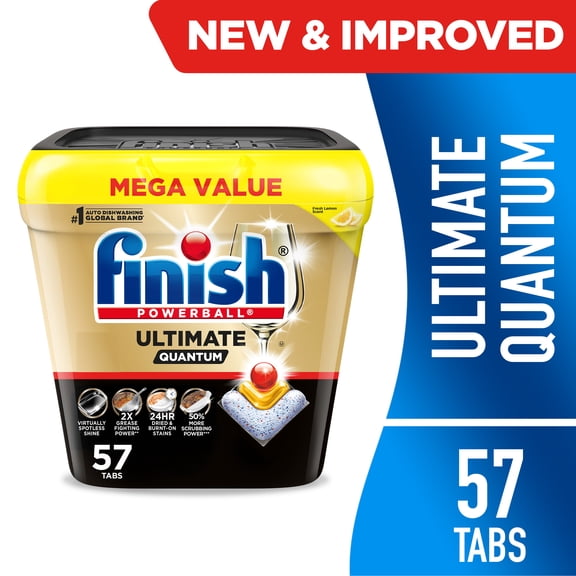 Finish Ultimate Quantum Dishwasher Pods, Dishwasher Detergent Dish Soap, 50% More Cleaning Power, Lemon Scent, 57 Tabs