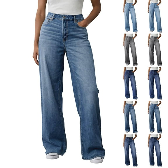 Cyglowse Mid Rise Straight Leg Jeans for Women Multi Pocket Stretchy Baggy Boyfriend Jeans Trendy Sky Blue 2XL