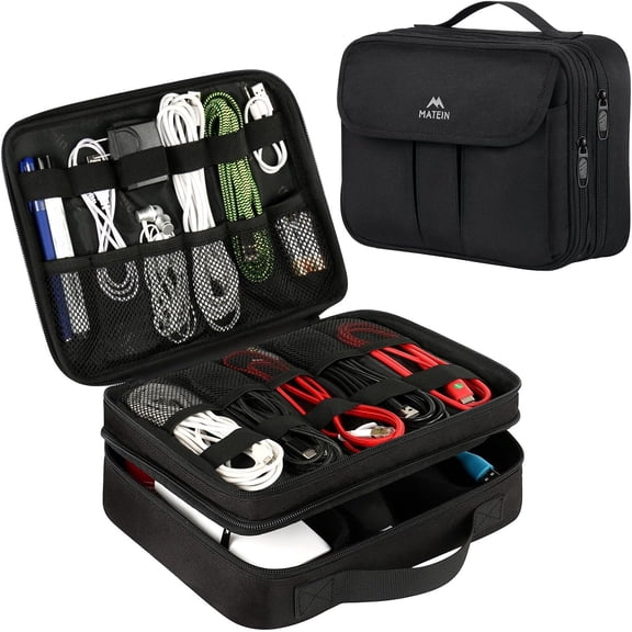 Electronics Organizer, Waterof Travel Electronic Case, Portable Double Layer Cable Storage Bag for Camera Accessories, Cord, Charger, Power Bank, Flash Drive, Phone, SD Card, Black