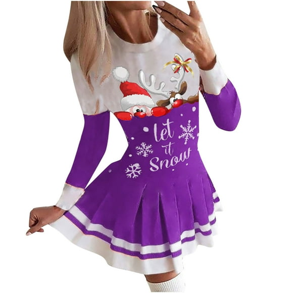 CEHVOM Women Casual Dress Christmas Printed O-Neck Pleated Skirt Long Sleeve Dress
