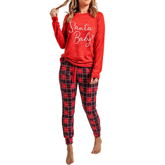 ABPHQTO Conjunto de pijama de dos piezas con estampado de cuadros rojos de Santa Baby para mujer
