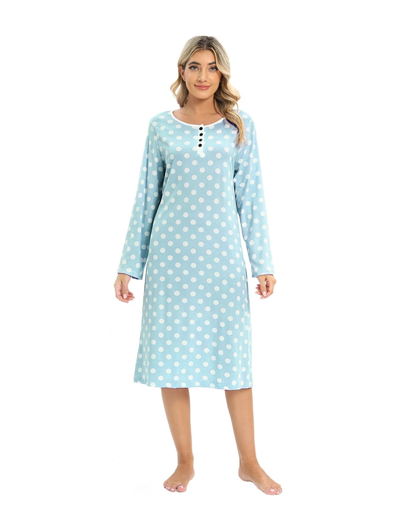 WBQ Womens Nightgown, Long Sleeve Polka Dot, Loungewear Housecoat