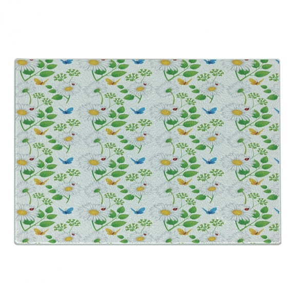 Ladybugs Cutting Board, Macro Chamomiles and Ladybugs Illustration Playful Magic Spirits of the Nature, Decorative Tempered Glass Cutting and Serving Board, Small Size, White Green, by Ambesonne