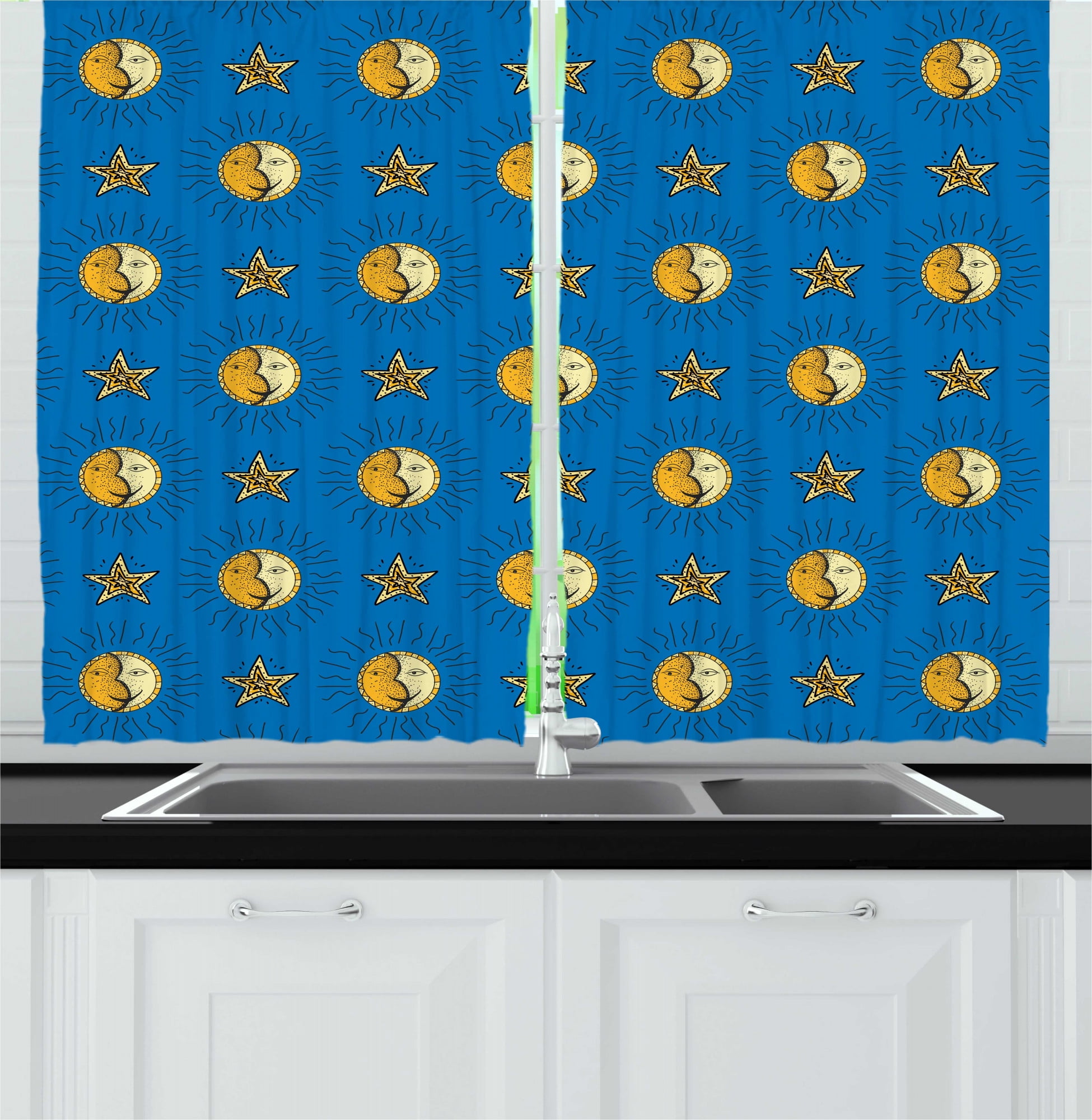 Cartoon Kitchen Curtains, Sun and Moon Phases Doodle Cosmos