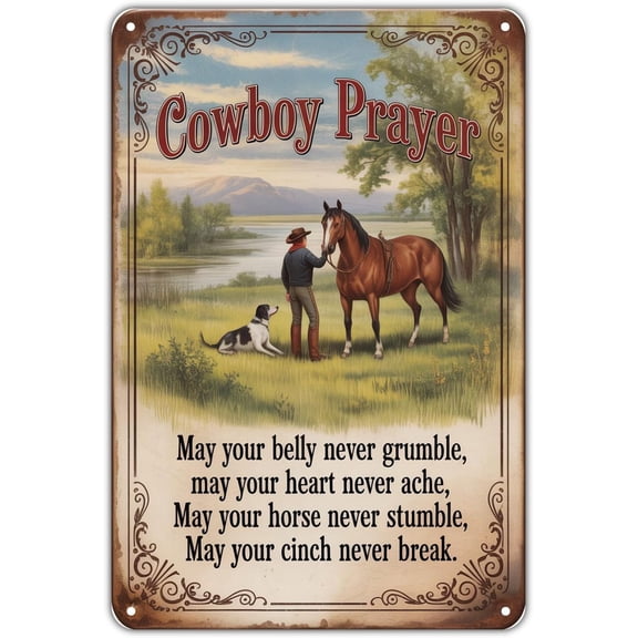 Vintage Cowboy Prayer Metal Tin Sign with Horse and Dog, 8 x 12 Inch Wall Art for Home Garden Porch Bar Bedroom Kitchen Decor