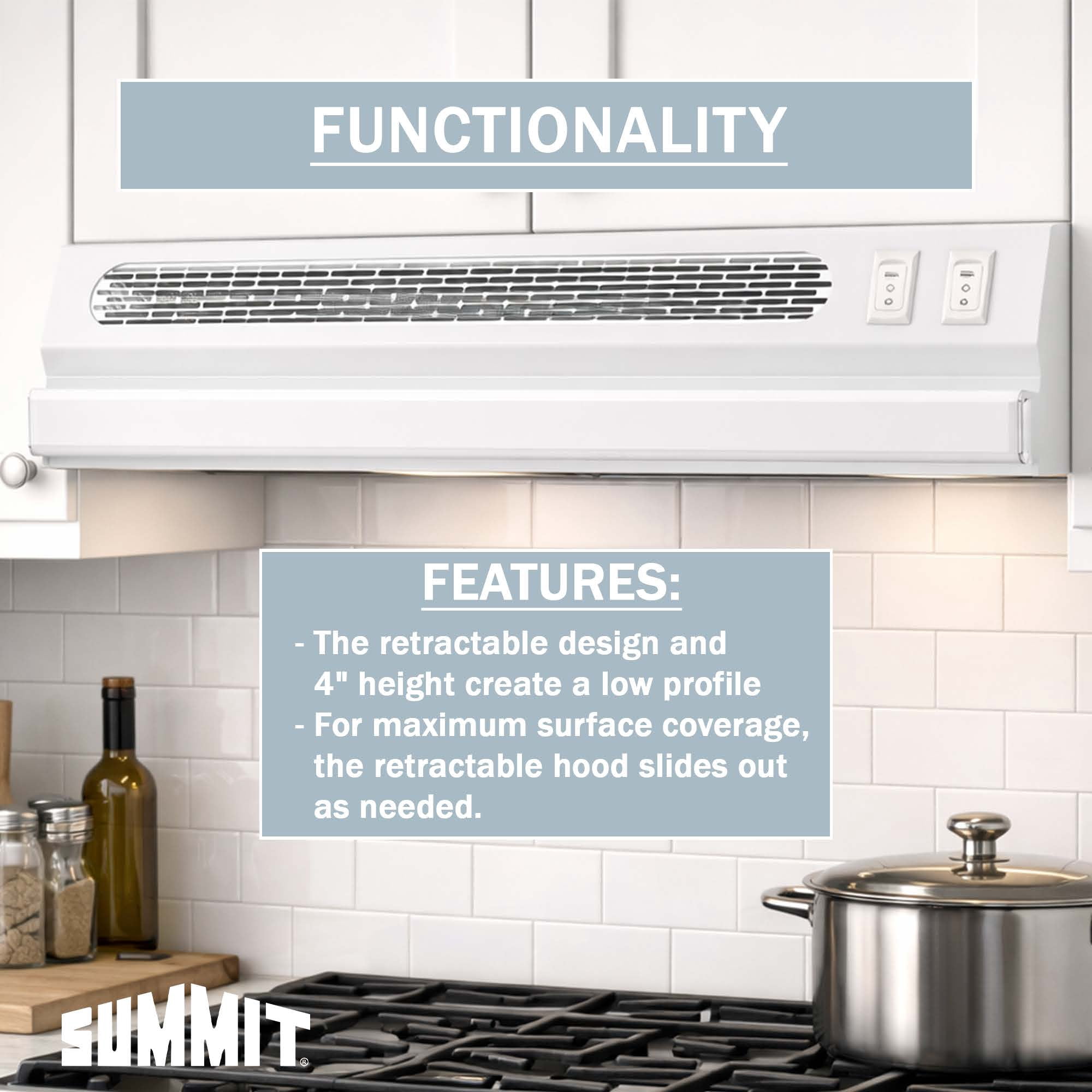 Summit 24 Inch Recirculating Range Hood, Retractable, White - HRTX24WPTC Made in the USA