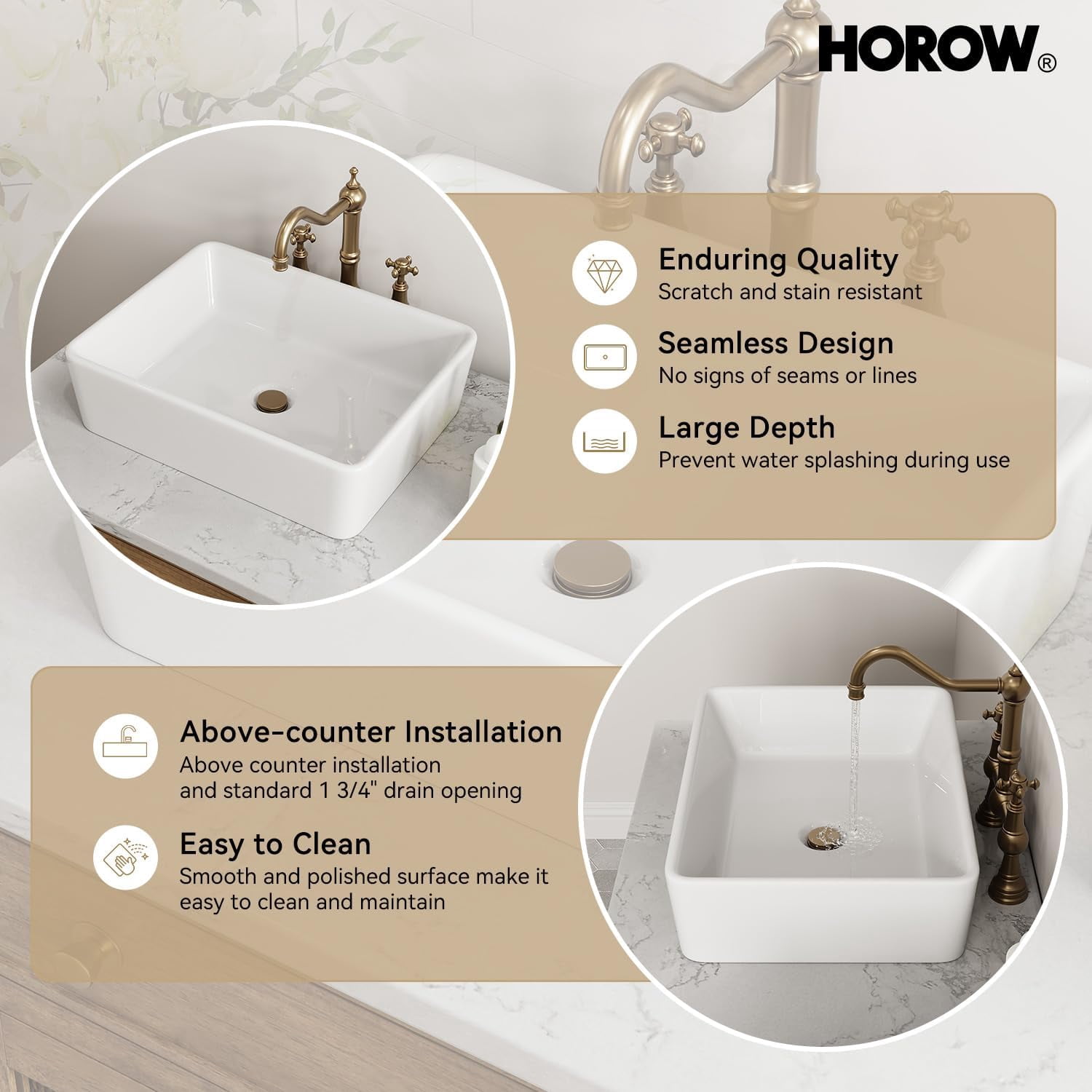 HOROW Rectangular Vessel Sink, 19'' X 15'' White Bathroom Sinks Above Counter Rectangle Ceramic