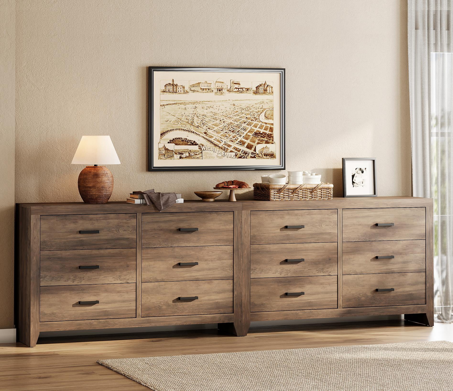 WAMPAT 106" Farmhouse Dresser with 12 Drawers, Extra Wide Wood Chest of Drawers Storage Cabinet for Bedroom, Living Room, Hallway