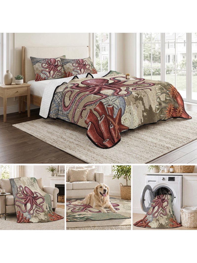 Full Cartoon Full Quilt Bedding Set, Octopus Starfish Coral Sea Monster Soft ...
