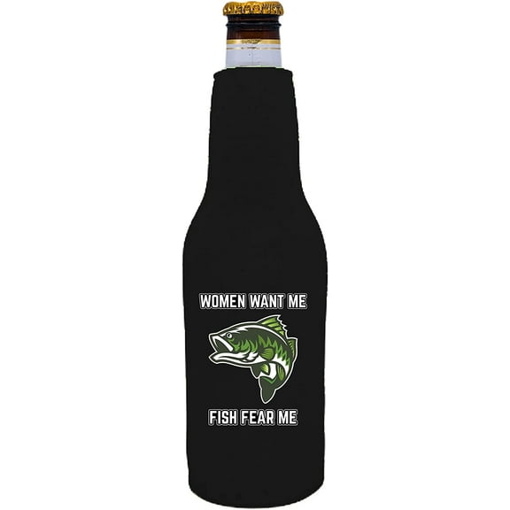 Women Want Me, Fish Fear Me Funny Zipper Beer Bottle Coolie (Black)