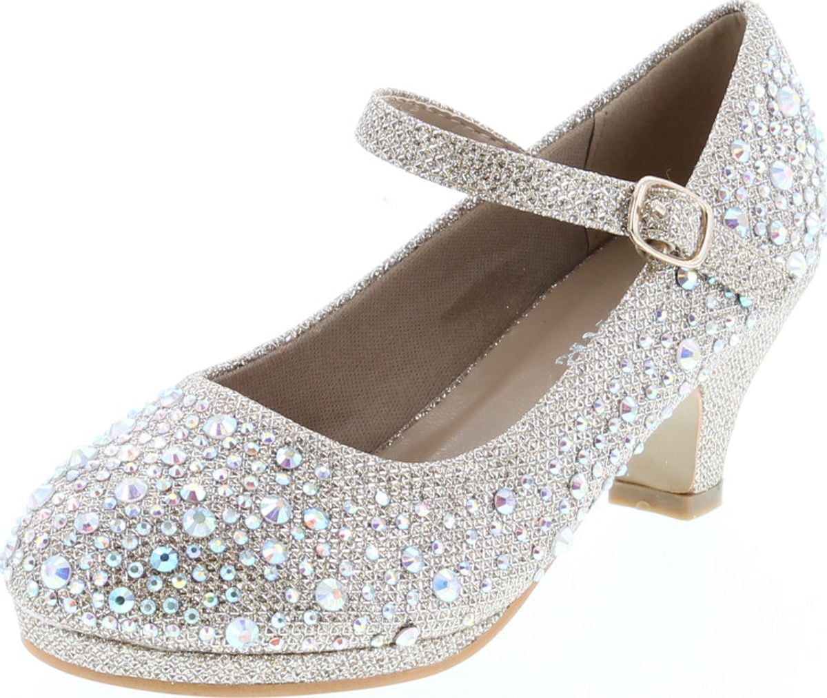 De Blossom Girl T-Lili-10 White Satin Rhinestone Round Toe Mary Jane Dress Flats
