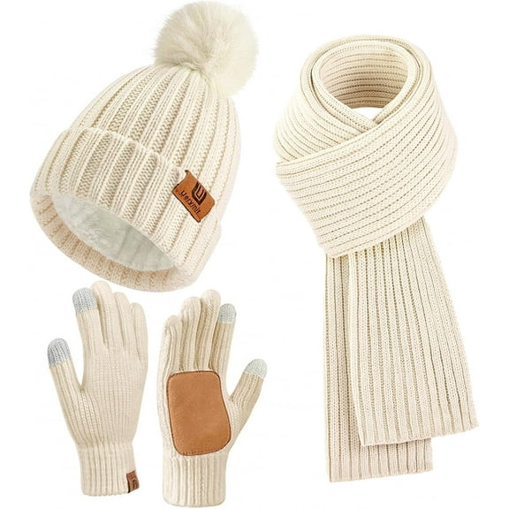 Womens Winter Beanie Hat Scarf Gloves Set Warm Knit Beanie with Pom Pom Long Scarf Neck Warmer Touchscreen Gloves,Knit Caps Pompom with Fleece Lined Gifts for Women