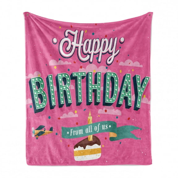 Birthday Party Soft Flannel Fleece Throw Blanket, Celebration Wishes Themed Typography Alongside Cake and Slice Candle, Cozy Plush for Indoor and Outdoor Use, 50" x 60", Pink Multicolor, by Ambesonne