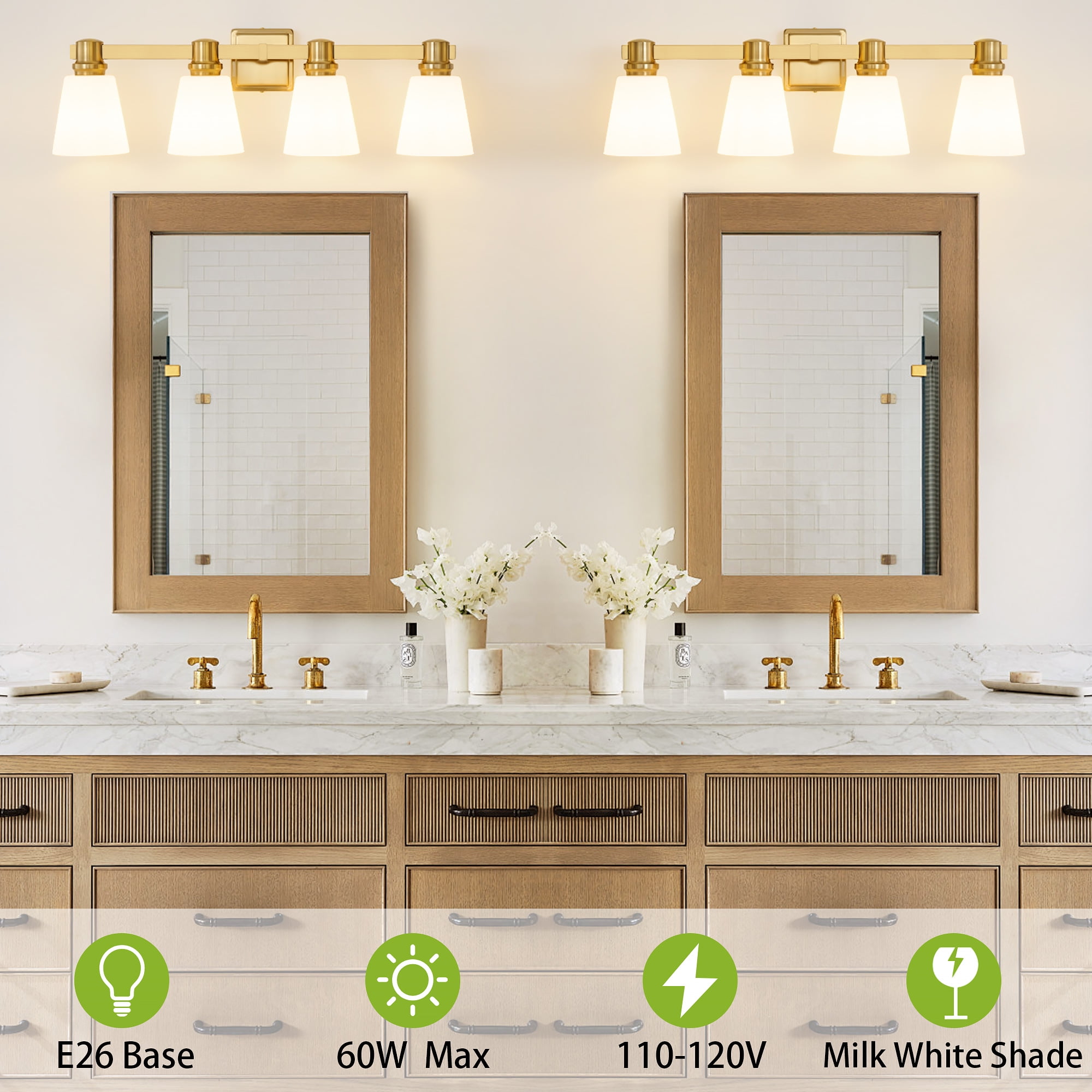 Deyidn 30" 4-Light Vanity Light, Gold Dimmable Bathroom Light Fixture with Milk White Cone Shades for Modern Farmhouse
