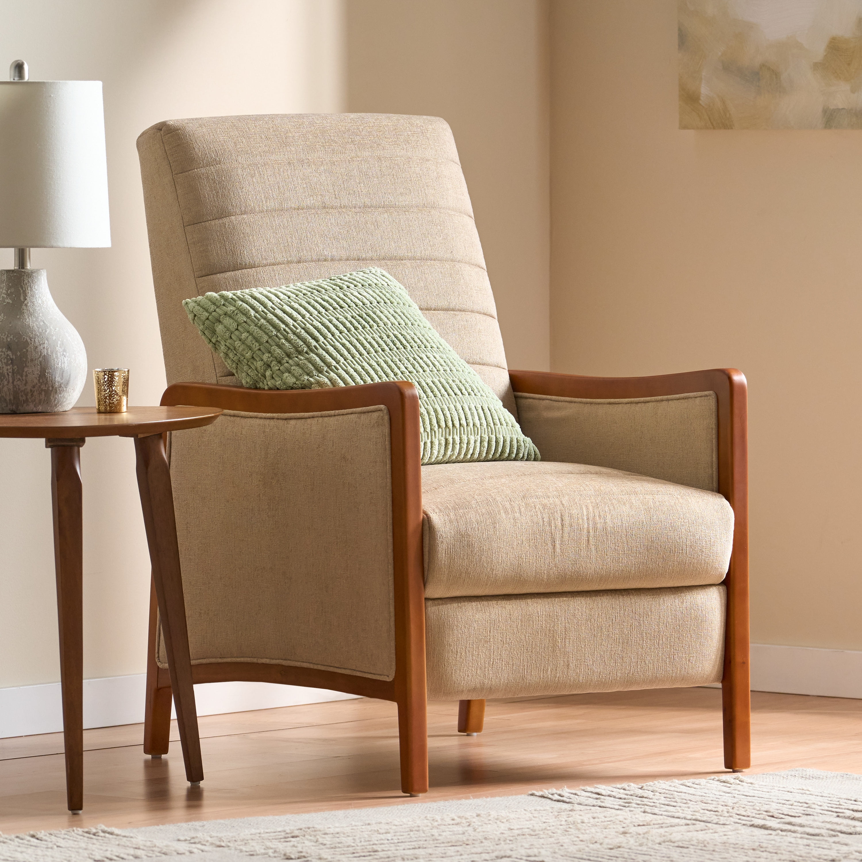 Euroco Mid-Century Modern Push Back Recliner Chair with Birch Wood Frame and Channel Tufted Upholstery, Lounge Accent Chair