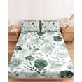 thumbnail image 2 of Full Size Fitted Sheet Set - Sage Green Flower 3 Piece Bedding Sets 16" Deep Pocket Fitted Sheet with 2 Pillowcases Vintage Rose Floral Botanical Leaf Brushed Microfiber Hotel Luxury Bed Sheets, 2 of 9