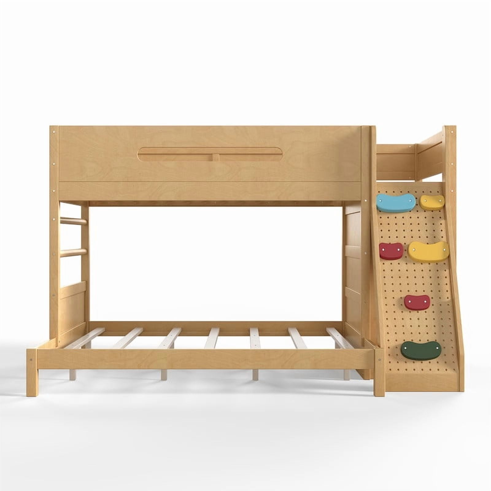 Twin XL Over Queen Bunk Bed with Built-In Wardrobe & Storage, Solid Wood Kids Bunk Bed with Guardrails, Rock Climbing Wall & Upgraded Slats, No Box Spring Needed