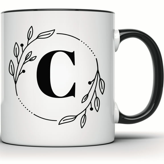 C Initial Floral Monogram Mug - Custom Letter Mug - Personalized Gift - Initial Coffee Tea Mug - Wedding & Bridesmaid Gift - 11 Ounce Black Rim Handle Novelty Coffee Cup - WMUG0353-Black Rim