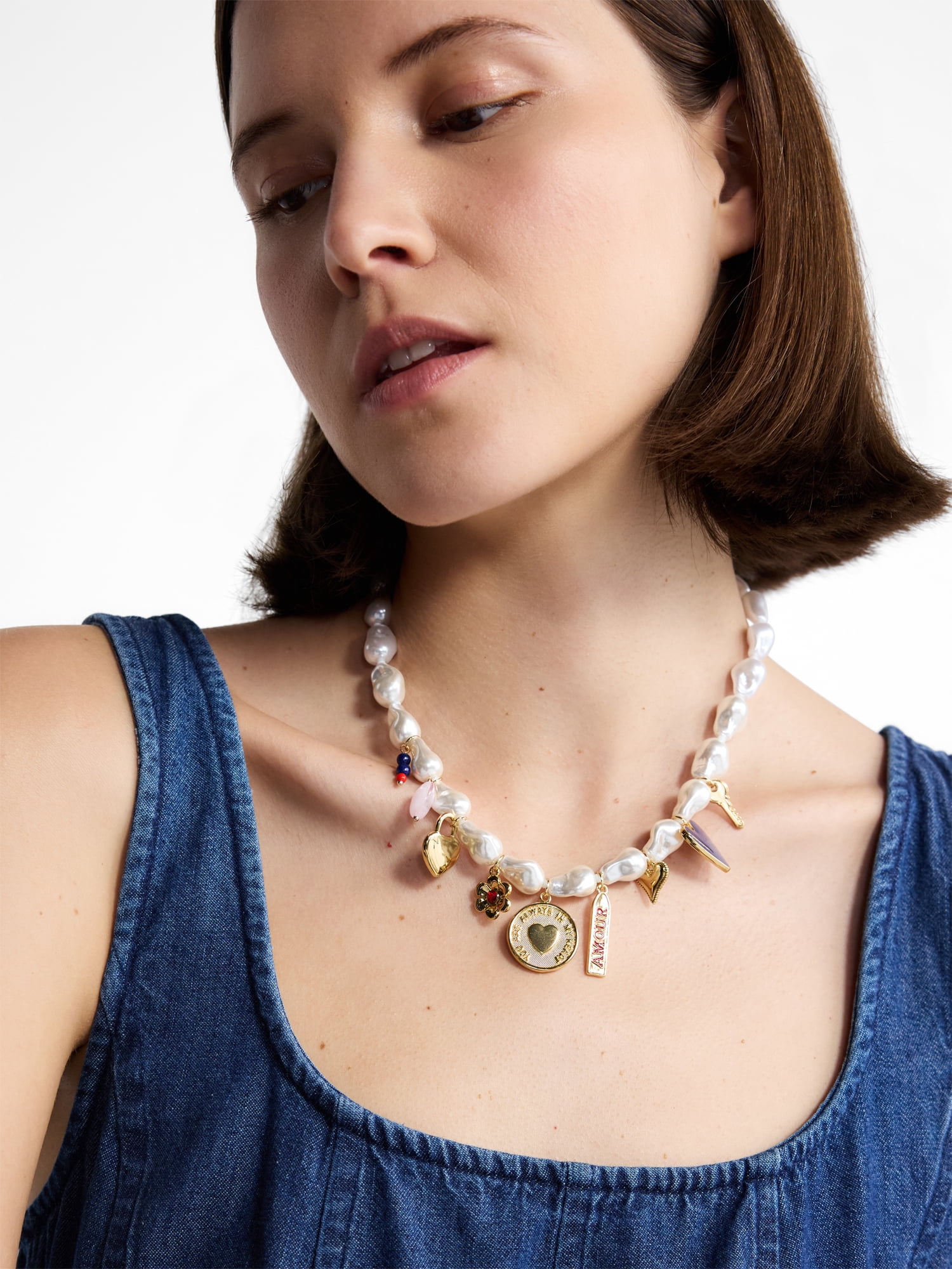 Free Assembly Women's Faux Pearl Charm Necklace, 16" + 3" Extender