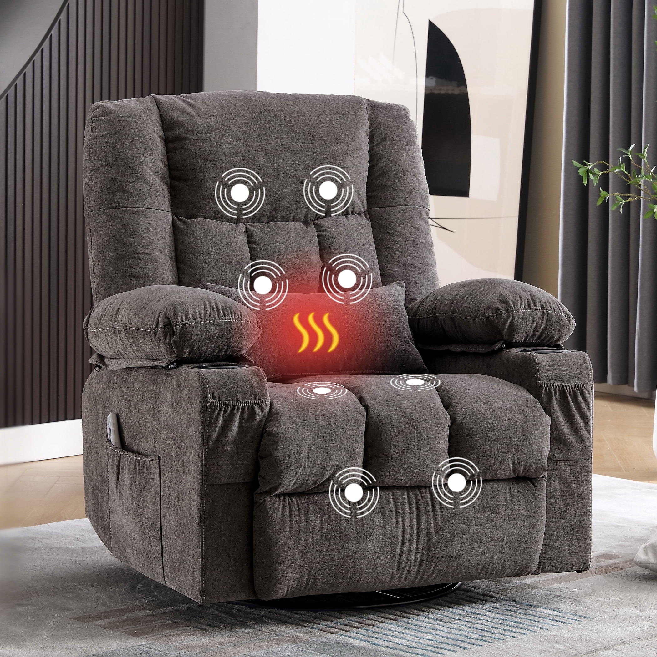 Oversized Massage Recliner Chair for Elderly,Modern Living Room Electric Rocking & Reclining Chairs with with Heat, 8-Point Vibration,USB Charger and Cup Holders, Plush Velvet Single Sofa, Grey