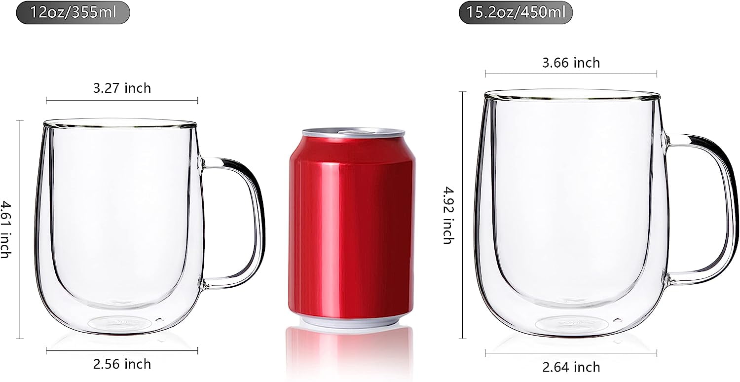 CnGlass Glass Coffee Mugs 12oz, Double Wall Insulated Mug Set with Handle, Clear Glass Cappuccino Mugs for Hot and Cold Beverages, Set of 2