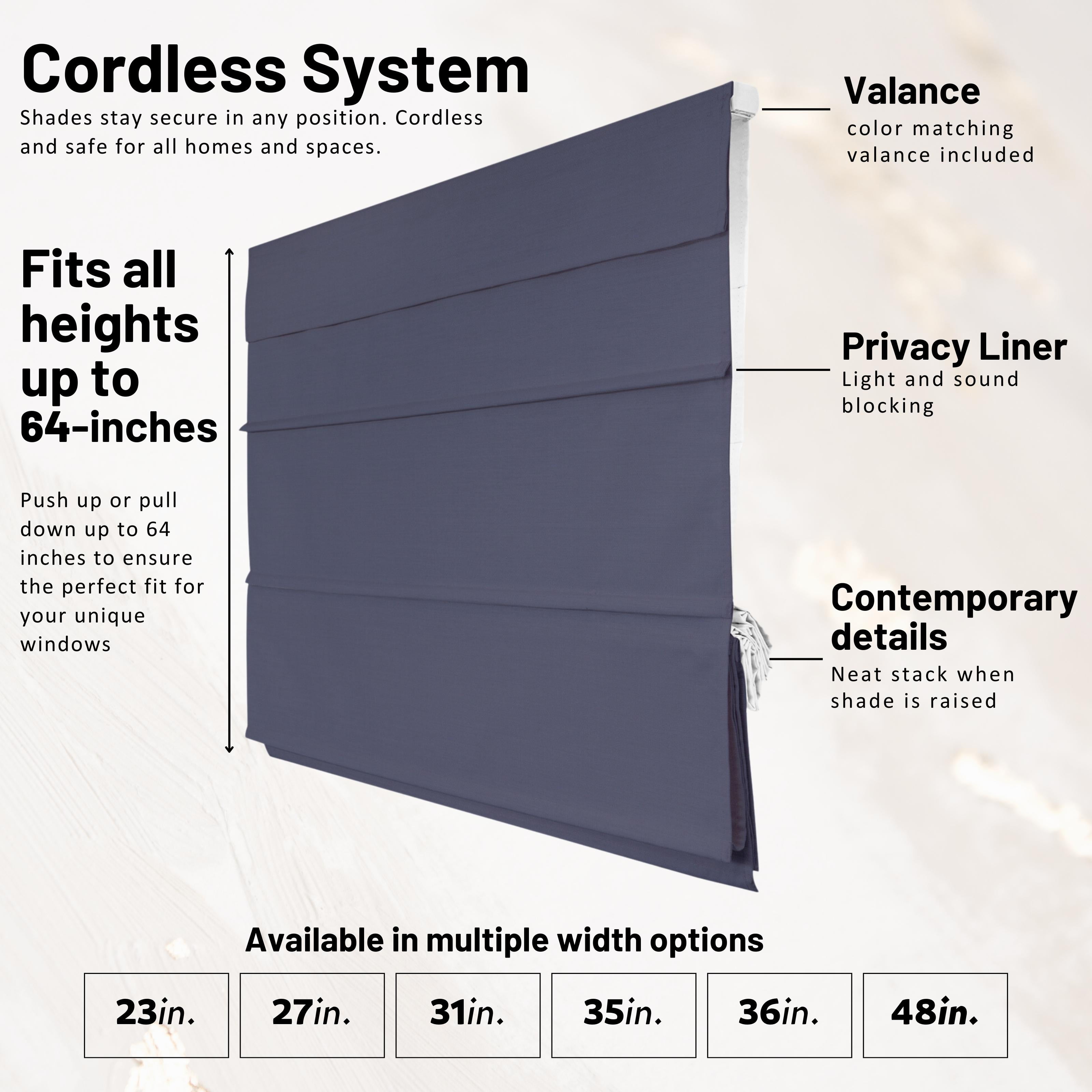 Chicology Cordless Roman Shades, Navy (Blackout), 48"W X 64"H