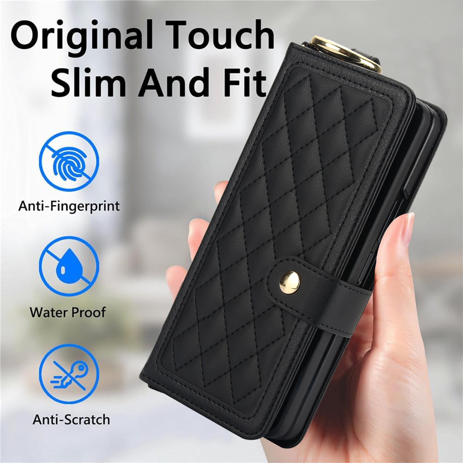 REQO Flip Phone Case for Samsung Galaxy Z Fold 6,Multifunctional Leather Wallet Cover with Wrist Strap Long Shoulder Strap RFID Blocking Case,Black