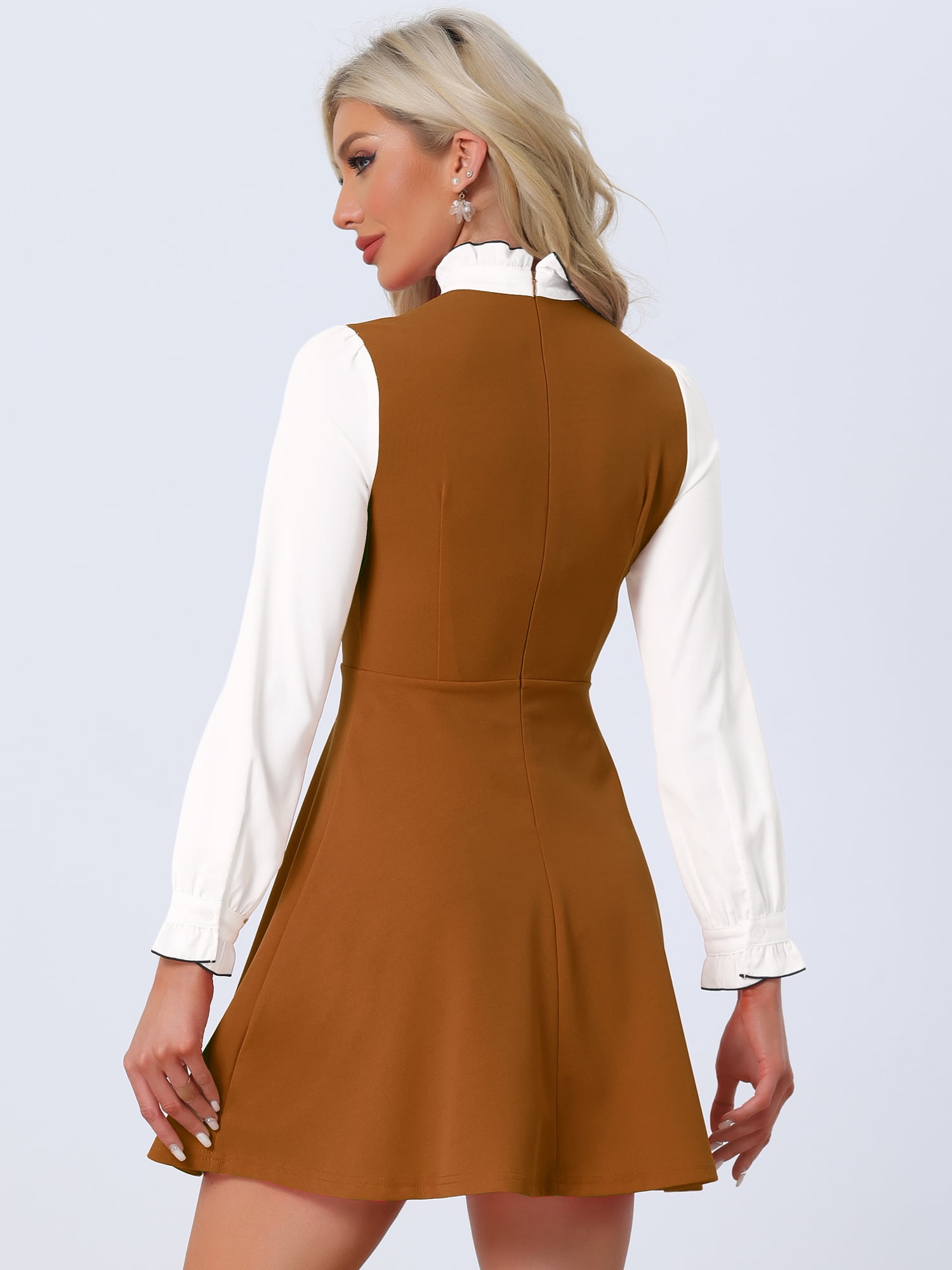 DARING DIVA Women's Tie Neck Vintage Long Sleeve Contrast Color Dress S Brown