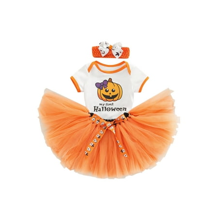 

Calsunbaby My 1st Halloween Outfit Baby Girl Pumpkin Short Sleeve Romper Tulle Tutu Dress Headband Set Cute Princess Clothes