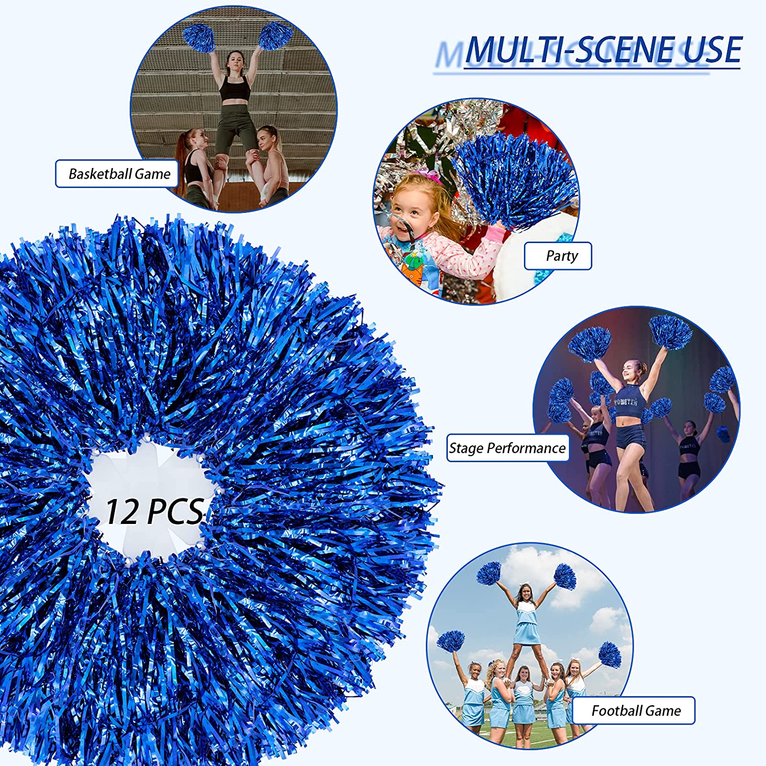 LINLIN 12Pcs Metallic Cheerleading Pom Poms with Cozy Handle, Adorable Cheerleader Pompoms Hand Flowers for Kids Adults Ball Dance Sports Team Spirit Cheering Fancy Dress Night Party